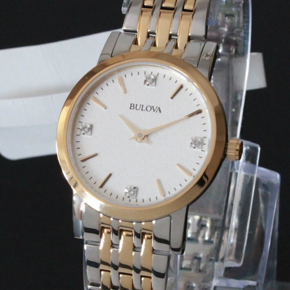 Bulova Ladies Sutton Classic Quartz Watch Four Diamond Accents Two Tone 27mm